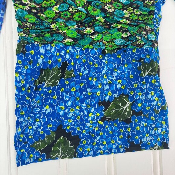 Zara Draped Print Green Blue Floral Top Size US Medium Dainty Long Sleeve - Picture 5 of 8